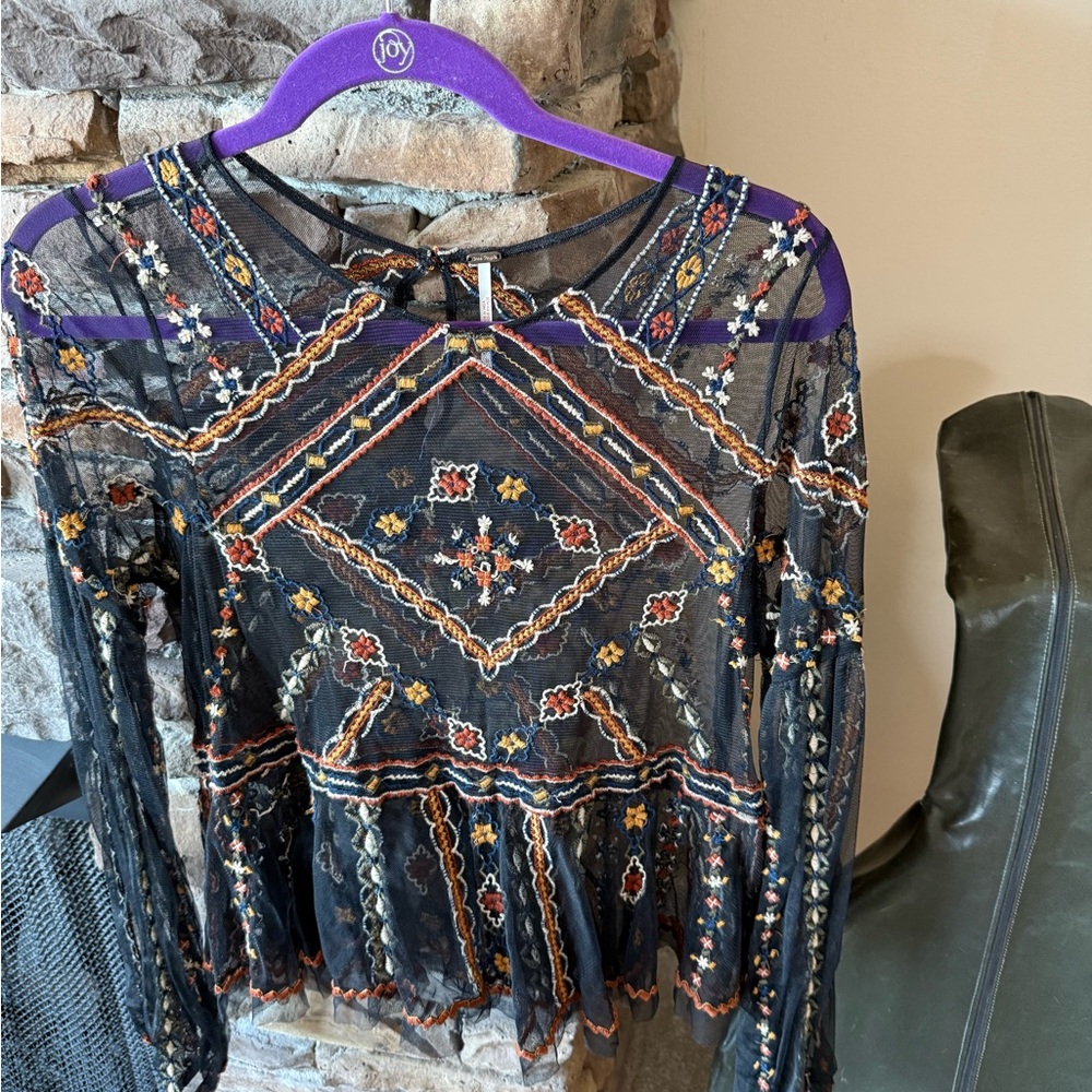 Free People Boho Mesh Embroidered Black Floral Top
